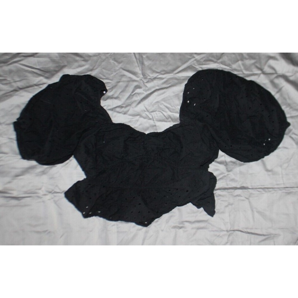 A New Day Women Top Shirt Blouse black 3/4 Balloon Eyelet Sleeve Large